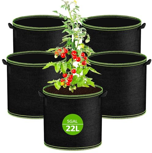 Muyohix 5 Pack Maceta 22 litros, Bolsas de Cultivo de Tela No Tejida Gruesa de 300 G/M² con Asas, Reutilizables, para Tomates, Patatas, Verduras, Flores, Balcón, Jardín, Invernadero, Huerto Urbano