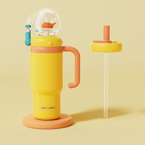 RENQIDD Gobelet fontaine baleine en acier inoxydable 680 ml avec anse – Deux couvercles, anti-fuites, lavable au lave-vaisselle, Gobelet fontaine baleine (Yellow)