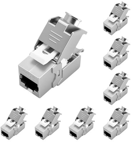 Keystone Lot de 8 modules de connecteur RJ45 Cat 7 – Tool-Free CAT7, CAT6, CAT6a RJ45 Keystone Jack, fiche réseau sans outil, STP Shielded, 10 Gbit/s, 1000 MHz pour panneaux de brassage et prises