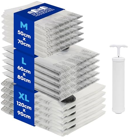 Harbour Housewares Vacuum Storage Bags with Hand Pump - 3 Sizes - White - Pack of 15 Heavy Duty Reusable Plastic Clothes Duvet Bedding Travel Moving Packing Space Saver Organiser Zip Lock Bag