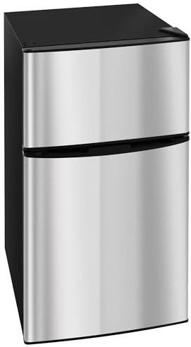 HOMCOM 88L Under Counter Fridge Freezer with 5-Setting Thermostat, Small Fridge with Light, 2 Reversible Doors, Removable Shelves and Ice Box, 3 Star Freezer Rating, E Rated, Black and Silver Tone