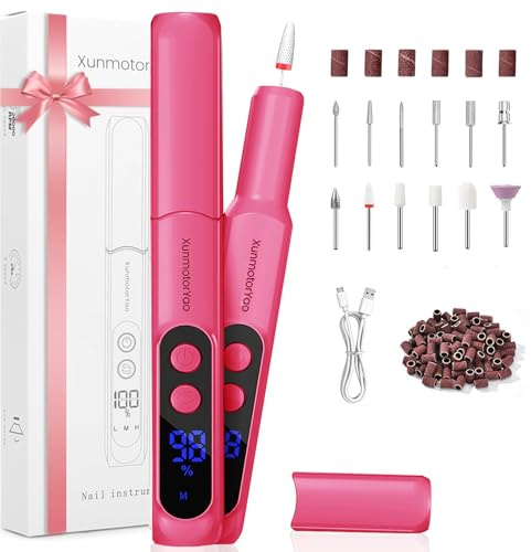 XunmotorYao Fresa per Unghie Professionale Intelligente Led Portatile Manicure e Pedicure Elettrico Unghie Portatile Fresa Trapano Chiodo per Casa e Salone Set,Rosso rosa