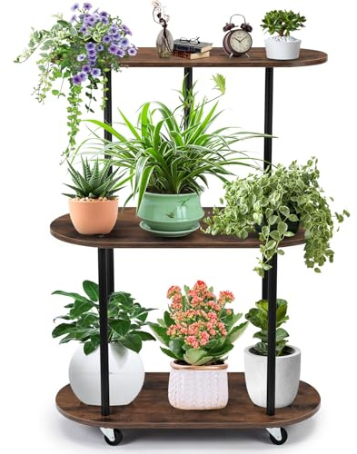 Soporte para Plantas 3 Niveles con Ruedas, Estantería Plantas Metal y Madera, Soporte Plantas Interior 90 cm Alto, Estante Plantas para Salón, Balcón y Cocina, Ahorra Espacio