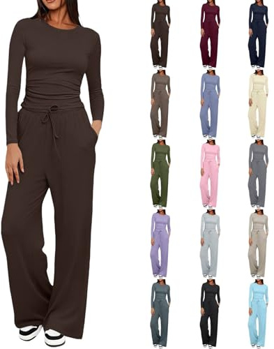 Two Piece Sets for Women Tracksuit Full Set Fashionable Long Sleeve Tops Drawstring Elasticized Waist Wide Leg Trousers Casual Lounge Wear Co Ord Sets Matching Activewear Gym Set