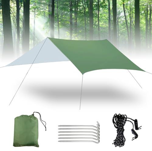 VEGOATY Tarp Bâche de tente de camping étanche 3 x 3 m avec 6 cordes et 6 broches en aluminium, protection UV, ultra légère, avec œillets, pour camping, extérieur, pique-nique, randonnée, hamac (vert)