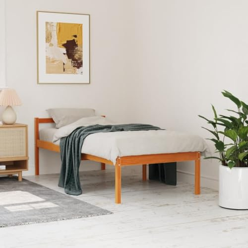 Kaloriko Letto per anziani marrone cera, 90 x 200 cm, legno massello di pino, altezza rialzata 44 cm, telaio robusto, testiera comoda, spazio aggiuntivo