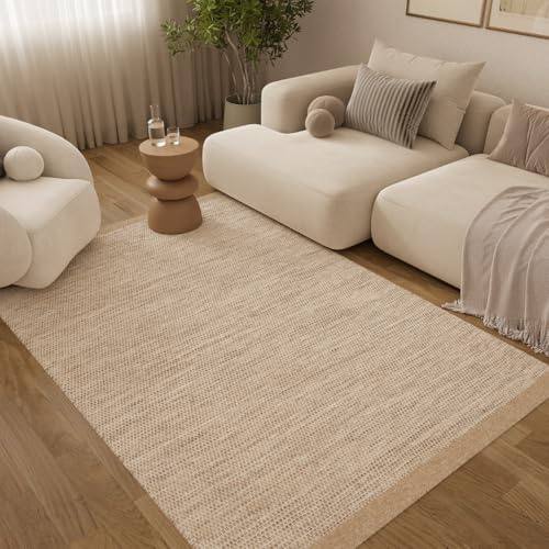 TAPISO Loni Wollteppich handgewebt, Wolle Teppich Wohnzimmer, Wollwebteppich, Hand Made, pflegeleicht, für Schlafzimmer Flur Esszimmer, Natur, Braun 140 x 200 cm
