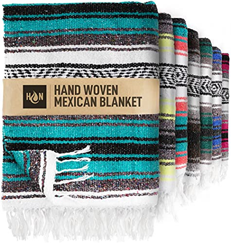 Authentic Extra Large Mexican Blanket - 70x50 Handwoven Yoga, Serape, Artisanal Falsa, Beach, Camping, Picnic, Outdoor Blanket (Emerald)