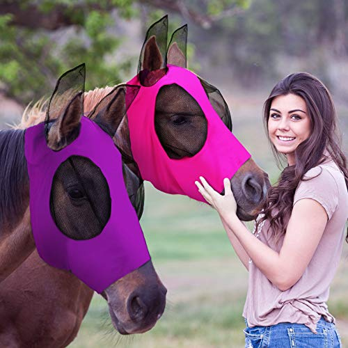 Weewooday 2 Pcs Mesh Horse Fly Mask with Ears, M, Purple, Pink