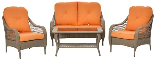 Outsunny Set Mobili da Giardino in Rattan PE con 2 Poltrone Divano a 2 Posti e Tavolo e Cuscini, Colore Khaki e Arancione