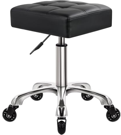 WKWKER Heavy Duty Bürohocker Auf Rädern Drehbar Verstellbar 10 cm Dickerer PU-Lederhocker Küche Beauty Lab Home Office Hocker Stühle Schwarz