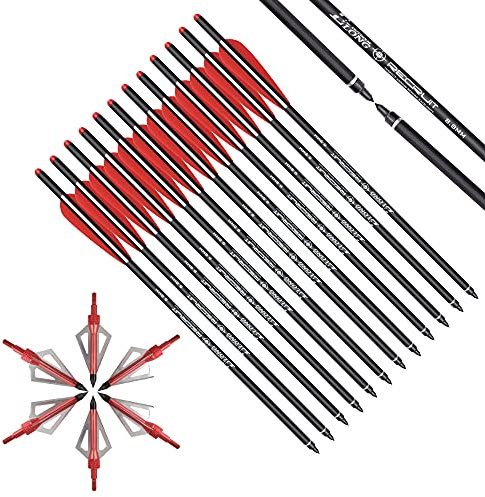 12 Pernos de Ballesta de 16 Pulgadas, Flechas de Ballesta de Carbono y Kit de Puntas Anchas de Ballesta de 6 Piezas, Flecha de Caza de Ballesta con alas de 3,8 y Puntas de Flecha reemplazadas