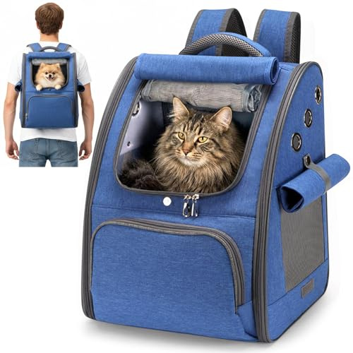 ALLSOPETS Mochila para Gatos, Mochila para Perros Plegable y Transpirable con Cortinas Solares Tipo Transportín Gato Ideal para Viajes Senderismo y Camping (Azul Real)