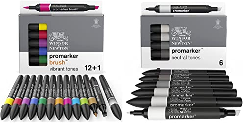 Winsor & Newton Promarker Brush Set de 12+1 Blender Tons vibrants & Promarker Set de 6 Tons Neutres