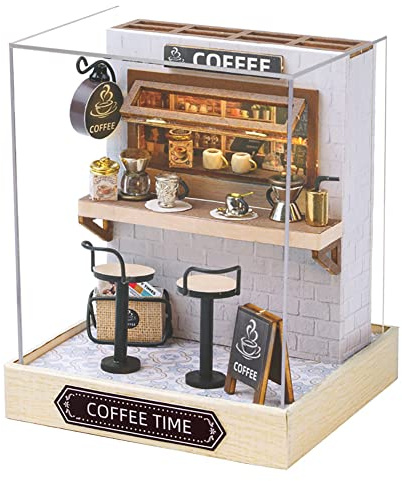 Kit de maison de poupée miniature à faire soi-même avec meubles, à l'échelle 1:24 - Mini maison de poupée en bois - Anti-poussière - Pour enfants, adolescents et adultes (heure du café)