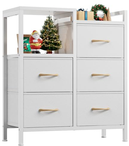 Furnulem 5 Drawer White Dressers for Bedroom 2 Tier Shelf Storage Small Fabric Dresser for Closet Sturdy Metal Frame Modern Style Storage Cabinets Organization Units for Hallway Rooms