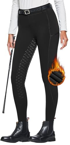 FitsT4 Sports Damen Winterreitleggings Fleece-Reithose Silikon Vollbesatz Reithose mit Reißverschluss-Taschen und Gürtelschlaufen,Schwarz,M