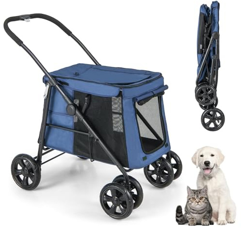 GOPLUS Cochecito para Mascotas para Perros y Gatos de Hasta 40KG, Cochecito Plegable con Cojín Suave, Ventana de Malla y 2 Entradas, Transportador para Perros con Ruedas Universales y Asa