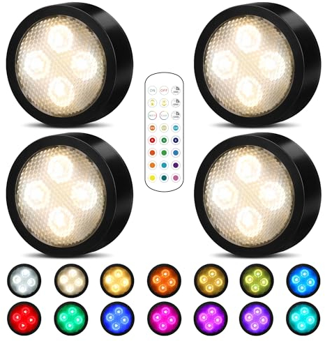 Skåpbelysning underbyggd lampa kök batteri vitrinbelysning utan kabel, dimbar skåplampa med kontrollkontroll och fjärrkontroll – LED-belysning med självhäftande dynor (4 svart)