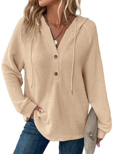 Dokotoo Women's Hoodies Waffle Knit Drawstring Button Womens Pullover Sweatshirt V Neck Long Sleeve Jumpers Women Hooded Tops Plain Casual Ladies Hoodie Top Apricot M