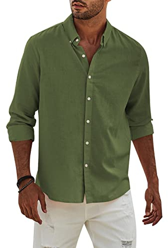 Elegancity Camicia Lino Uomo Manica Lunga Elegante Camicia Uomo Casual con Bottoni Cotone Regular Fit con Bottoni Tinta Unita，Verde-5 L