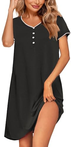 Ekouaer Camisón de Mujer Manga Corta Sexy Suave Casual con Cuello en V Ropa de Dormir Negro S