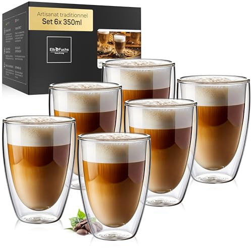 ElbFuchs® Bicchieri da latte macchiato a doppia parete [6x 350ml] qualità gastro trasparente | ideali per cappuccino e caffè | resistenti e lavabili