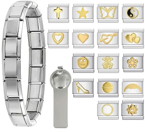 AstraGlam 18 Piezas Pulsera Encanto para Damas & Caballeros – Pulsera de Acero Inoxidable Extensible con 8 Dijes Individuales – Joyería Personalizable, Regalo Ideal para Cualquier Ocasión