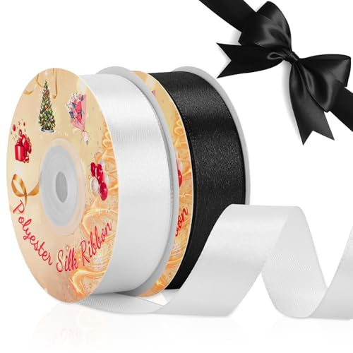 VynyQoo 2 Rollen 20mm Satinband Breite, Schwarz und Weiß Geschenkband, 22M Einseitig Satin Band, Satinbänder für Bänder zum Basteln, Geschenkdeko, Hochzeits- und Geburtstagsgeschenke