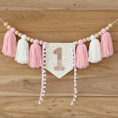 Birthday Boy Half Birthday Decorations High Chair Banner, 6 Month Tassel Wood Bead Highchair Garland Blue (Pink Banner)