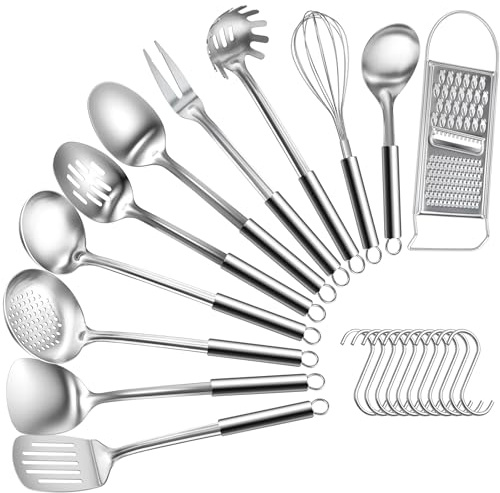 Bestdin Ustensiles de Cuisine – 12 Pièces Ustensile Cuisine Inox, avec Crochet, Polis Brillants, Comprennent des Ustensiles Cuisine tels qu'une Louche Inox, une Spatule Cuisine