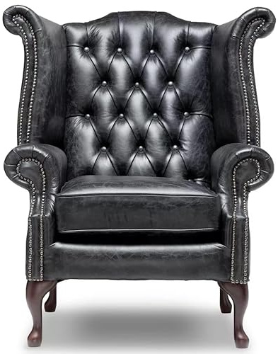 Chesterfield - Silla Queen Anne con respaldo alto, 100% piel negra auténtica, sillón con respaldo alado hecho a mano con botones profundos, patas de caoba y marco de madera dura FSC, artesanía de lujo