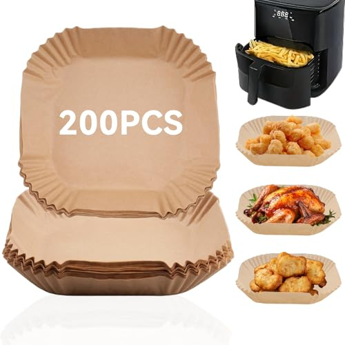 200 Pezzi di Carta da Forno per Friggitrice ad Aria, Quadrata 20x20 cm, Impermeabile e Olioresistente per Friggitrice ad Aria, Vaschette Monouso in Carta Parchment, Rivestimento per Padelle, Forni e M