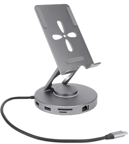 Soporte de estación de acoplamiento para tableta 11 en 1 Hub USB C ajustable giratorio de 360° Soporte para tableta con lector de tarjetas Conector de sonido de 3,5 mm USB 3.0