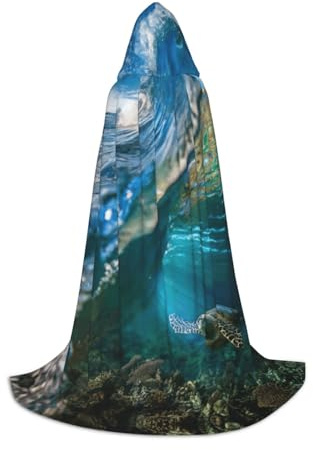 YQxwJL Cape d'Halloween longue unisexe avec capuche - Motif tortue flottante sous l'eau sur le récif de corail - Costume pour fête, bal masqué, jeu de rôle