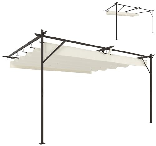 Outsunny Terrassendach Pergola ca. 4x3m Terrassenüberdachung mit Verstellbares Dach, Wandmontage UV 30+ Garten Pavillon, Gartenpavillon Sonnenschutz für Terrasse Garten, Cremeweiß