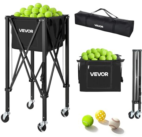 VEVOR Carrello Porta Palline da Tennis Pieghevole con Cestello, capacità di 120 Palline da Tennis, con Ruote Scorrevoli, in Lega di Alluminio Leggera, Borsa Portaoggetti, per Allenamento e Pickleball