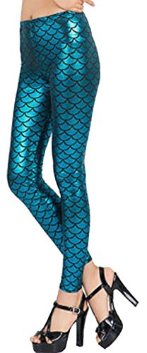 janisramone Womens Ladies New Holographic Mermaid Fish Scale Print Skinny Disco Metallic Leggings Pants Turquoise