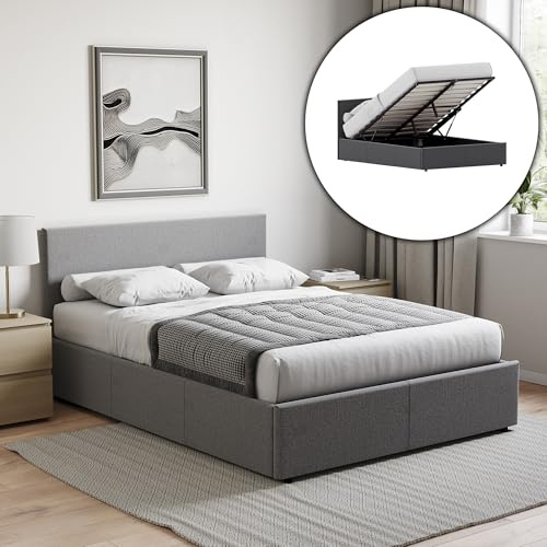 Vida Designs Veronica King Size Ottoman Bed – 5ft Bed Frame with Modern Lift-Up Storage, Upholstered Fabric Headboard, Dark Grey Linen, Bedroom Furniture (UKFR Certified)