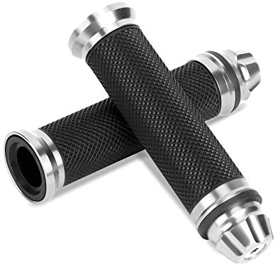 Universal Motorcycle Handlebar Grips CNC Aluminum Rubber Motorbike Handle Bar Grips for 7/8 Handle Bar Bike (Silver)