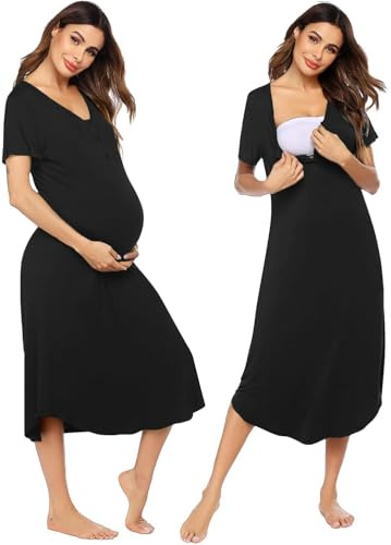 Ekouaer Womens Maternity Nightgown for Hospital Pregnancy Long Nightgowns Nursing Night Gown for Breastfeeding Black L