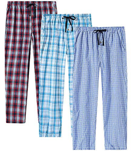 MoFiz Hombre Pantalón de Pijama Largo Casual Patalones a Cuadros de Algodón con Bolsillos 3 Pack-F XXL