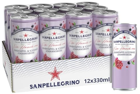 San Pellegrino Ein Hauch von Granatapfel & Schwarze Johannisbeere, Kalorienarme Limonade 33 Kalorien pro Dose, 12er Pack (12 x 330ml) Einweg-Dosen