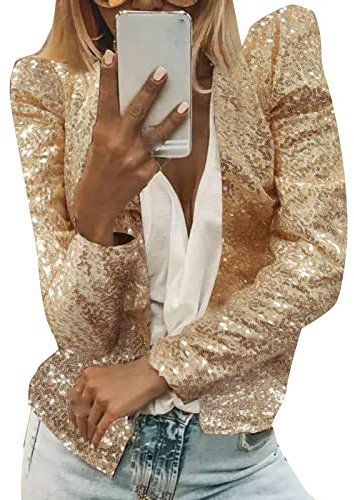 Damen Pailletten Cardigan Jacke Langarm Glitzer Bomberjacke Party Club Jacke Pailletten-Blazer Damen Elegant Tailliert Anzugjacke Glitzer Tops Kurz Oberteile Blazer Glitzer Outfits Clubwear (Gold, L)