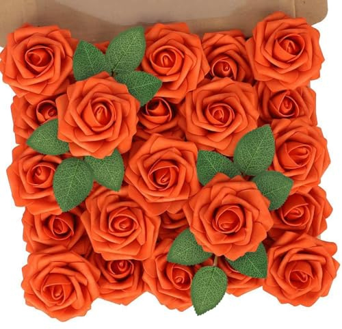 N&T NIETING Artificial Flowers, 25Pcs Real Touch Fake Fall Flower Roses with Stems, Orange Foam Rose Bulk for Wedding Bouquets Table Centerpieces Bridal Shower Party Home Autumn Decorations