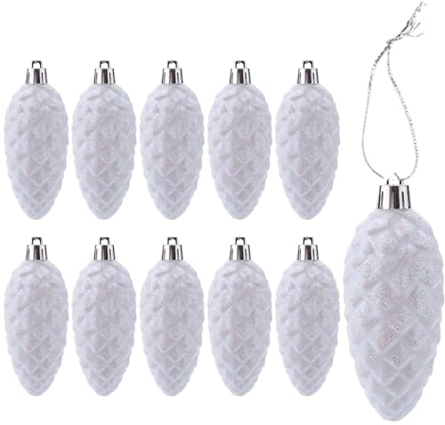 DAHI 10pcs Glitzer Christbaumanhänger Tannenbaum Zapfen weiß Christbaumschmuck Weihnachtskugeln für Weihnachtsbaum-Dekoration (weiß-A)
