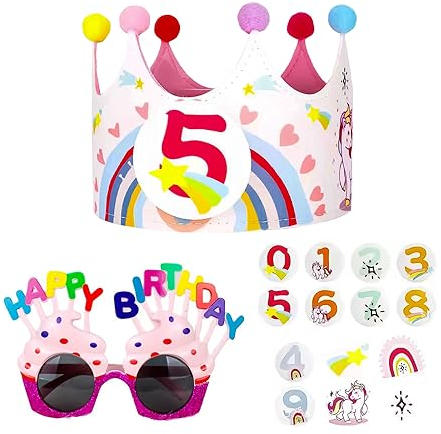 KALUROIL Corona Compleanno - Copricapo per Festa di Compleanno Bambini - Corona Tessuto con Numeri Intercambiabili da 0 a 9 e Occhiali da Sole - Atmosfera Festosa Assicurata!