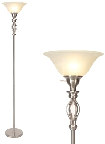 HonoDing Torchiere Floor Lamps for Living Room & Bedroom – Stand Up Lamp with Corner Floor Lamp Design – Traditional Iron Scroll 70 Tall Alabaster Glass Bowl Shade (Brushed Nickel)