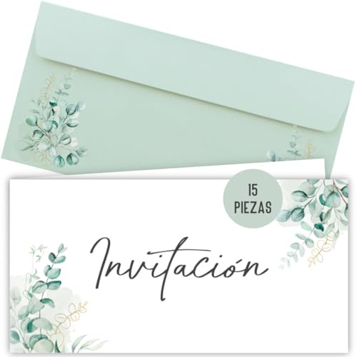 Things of Happiness 15 tarjetas de invitación incl. sobres para boda, registro civil, cumpleaños, confirmación, comunión, bautizo, invitación | tarjeta plegable DIN largo (Eucalipto 15 piezas)
