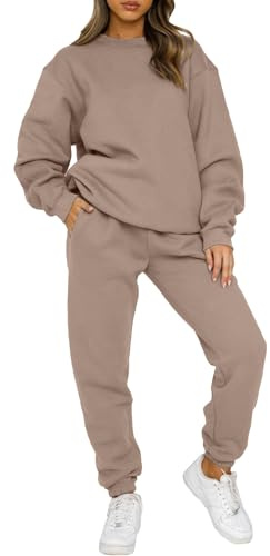 Yutdeng Tuta da Donna Foderato in Pile Completo Sportivo 2 Pezzi Manica Lunga Girocollo Pullover Felpa e Pantaloni Jogging Tute Tinta Unita Casual Outfit per Casa Palestra Yoga,Cachi,XL